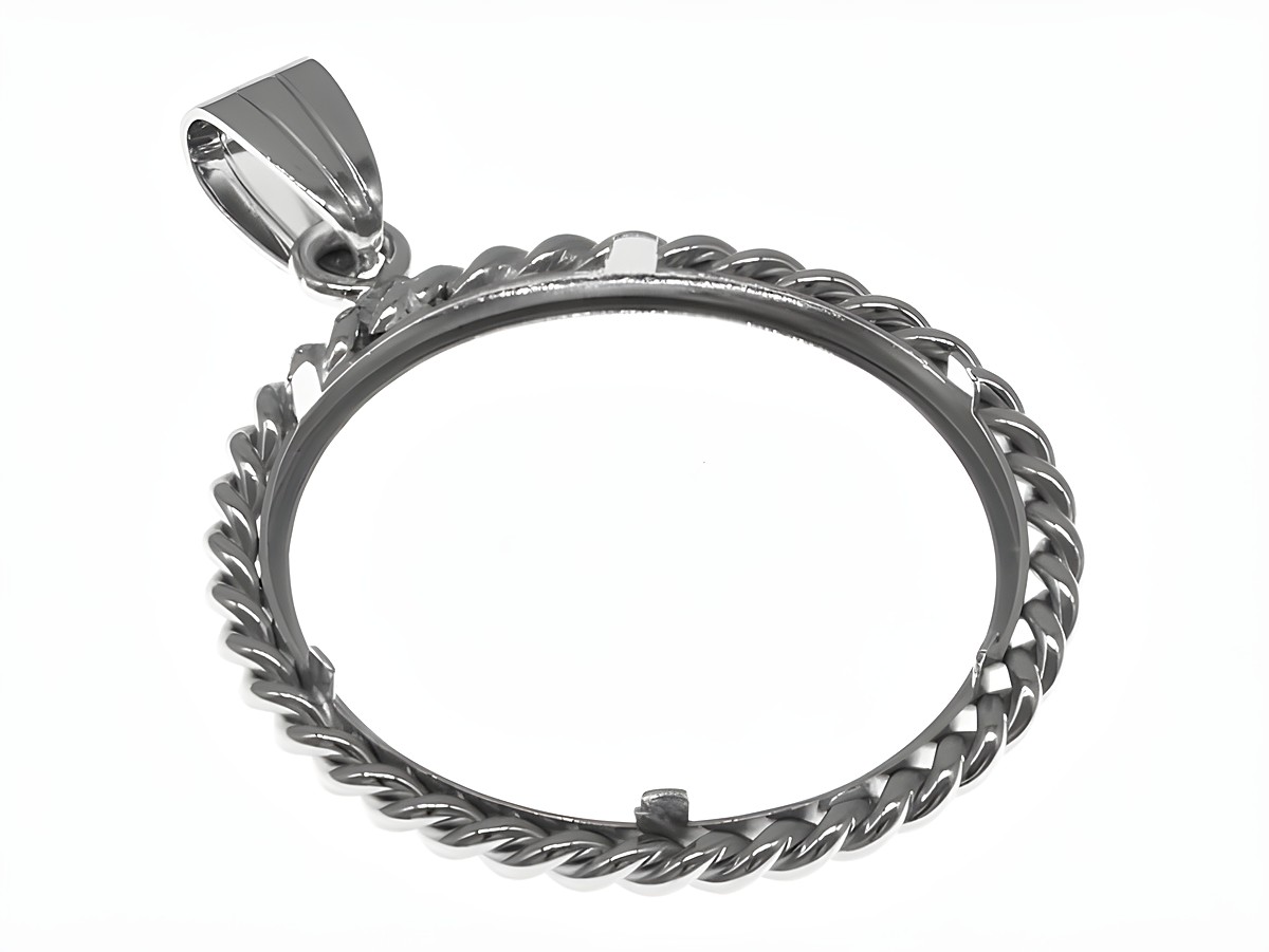 Münzfassung Anhänger aus rhodiniertem 925 Sterling Silber mit Kordel-Design, passend für Münzen bis 26 mm Durchmesser, für Juwelier Harnisch gefertigt. – Ansicht 3
