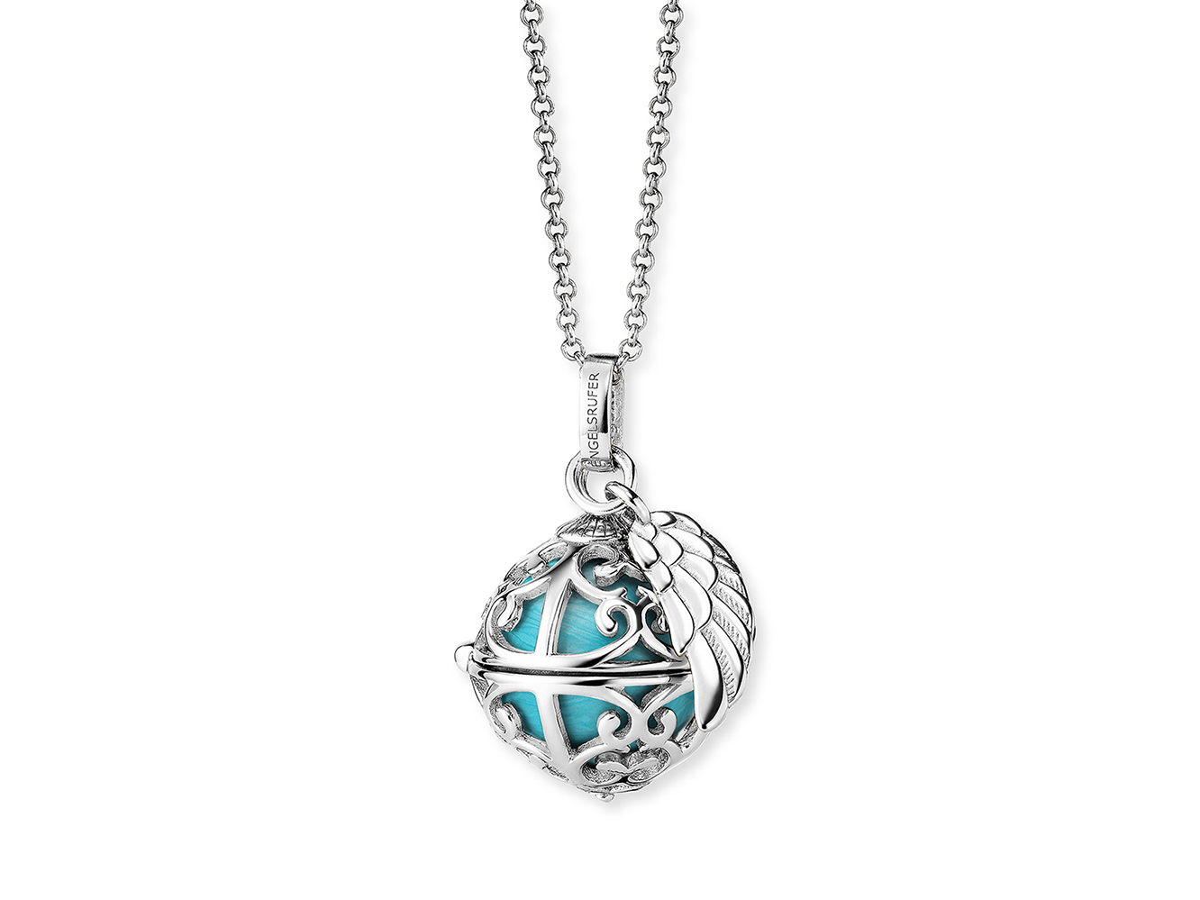 Engelsrufer ERN-ER23-26-XS 45 cm Kette mit Flügel & Klangkugel Anhänger - Silber rhod. Perlmutt - Türkis Gr. XS Silberne Kette mit einem Anhänger in Form einer Klangkugel, verziert mit filigranen Mustern und einem Flügel-Design. Die Kugel ist in Türkis und Perlmutt-Optik gehalten.