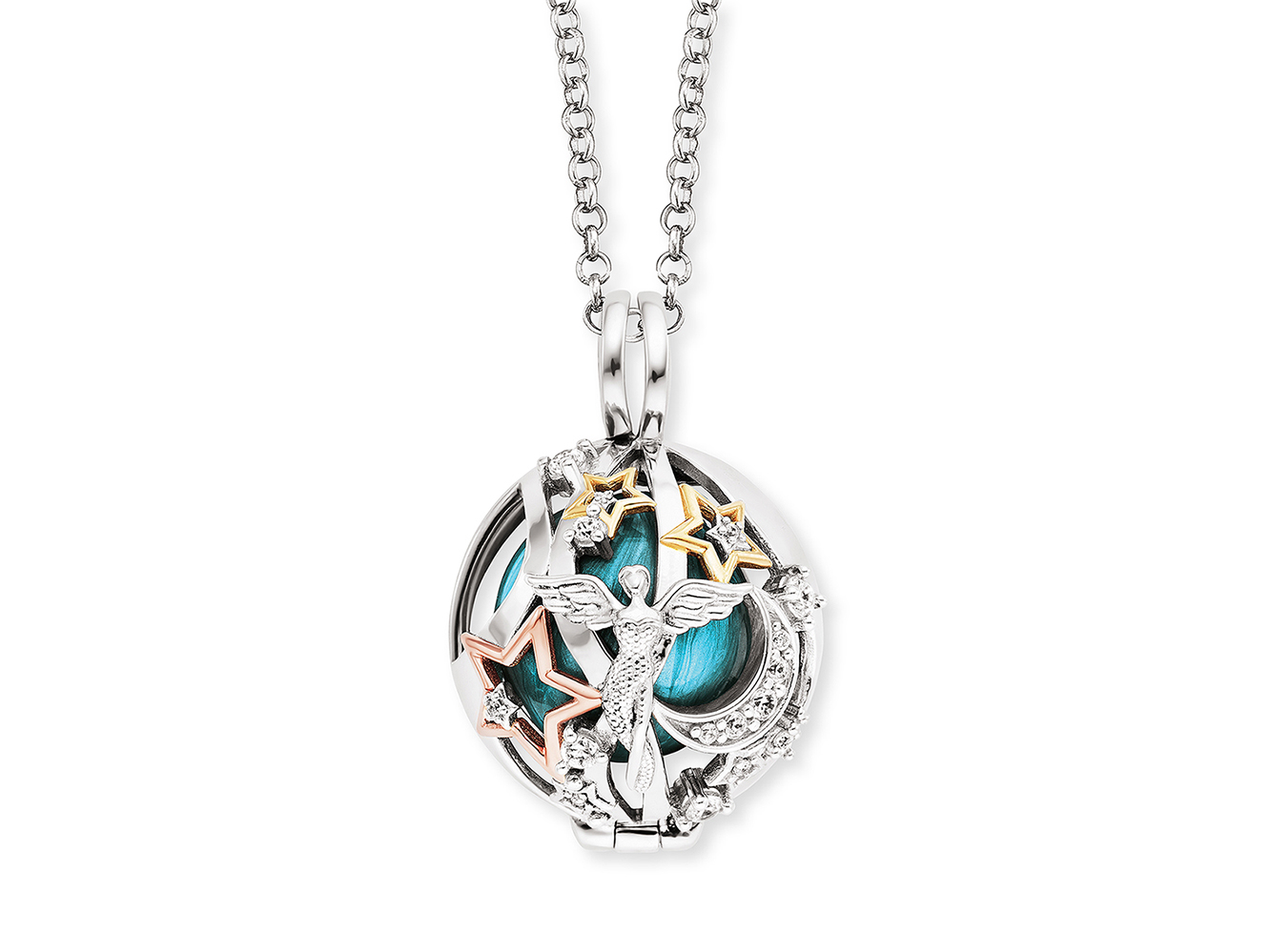 Engelsrufer ERN-26-HEAVEN-S-TZI 60 cm Kette Heaven Klangkugel Anhänger - Zirkonia Tricolor Perlmutt - Türkis Gr. S Schmuckanhänger mit einer Klangkugel in Türkis, umgeben von einem filigranen Design aus Tricolor-Metall und Zirkonia. Perfekt für die 60 cm lange Kette von Engelsrufer.