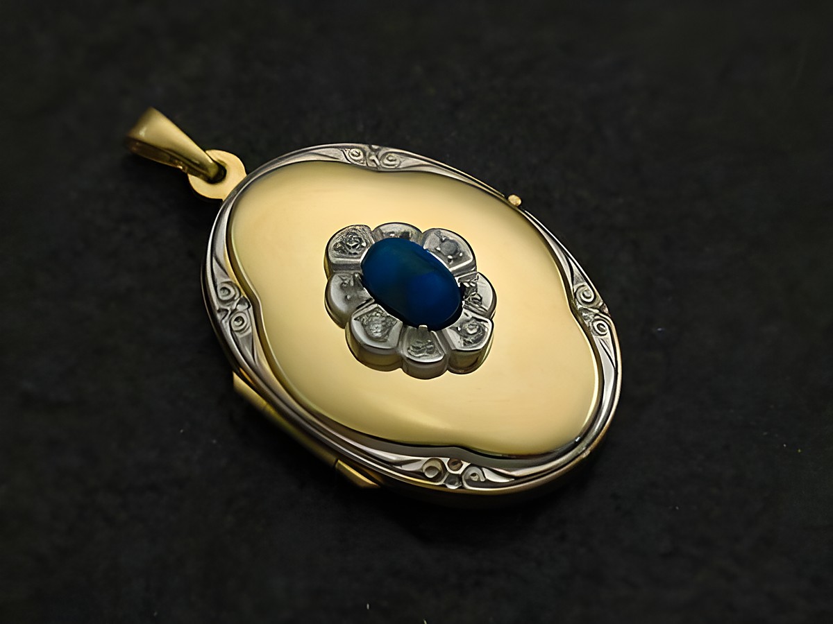 Howlite blauer Medaillon Cabochon in Gold 585 bicolor, gefertigt von Juwelier Harnisch. Elegantes Design mit floralem Motiv und feiner Verarbeitung. Perfekt für besondere Anlässe.