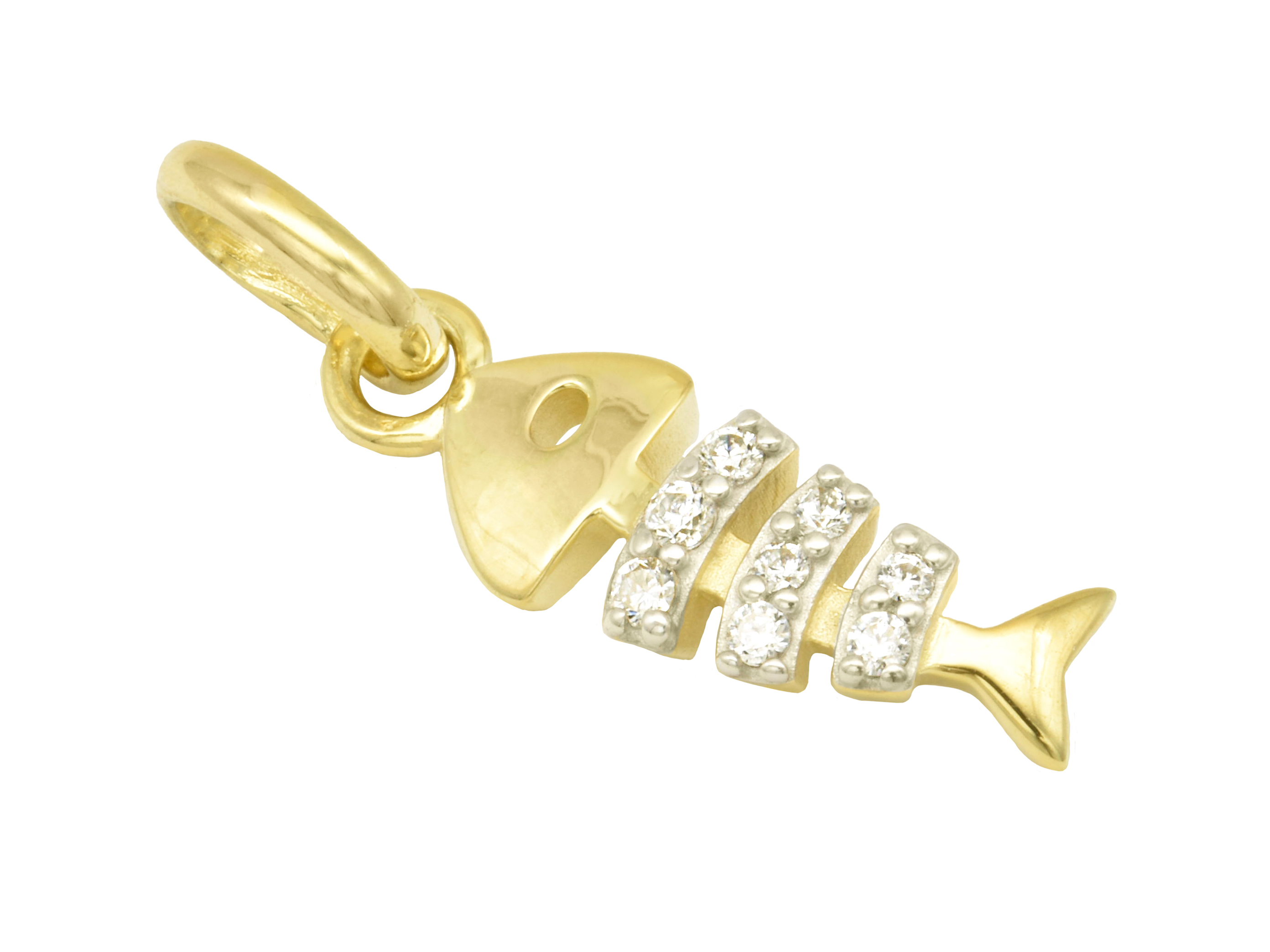 Gold Anhänger in Form einer Fischgräte aus 585 Gelbgold, poliert mit Zirkonia besetzt, hergestellt von Juwelier Harnisch. Ideal für Tierliebhaber und Schmuckliebhaber.