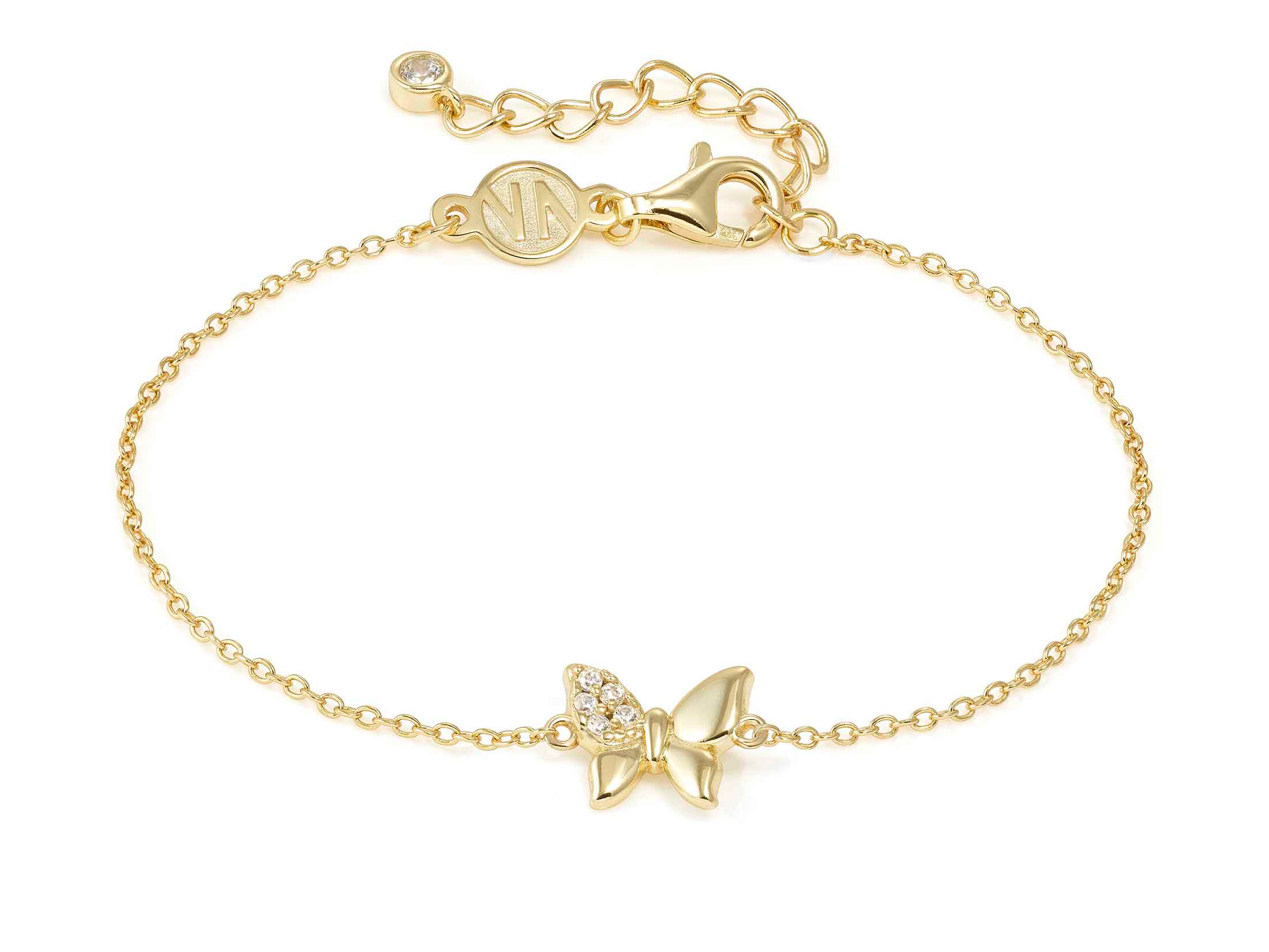 Ein vergoldetes Sterling Silber Armband von Pandora mit einem Schmetterling und Zirkonia, verstellbar von 16 bis 19 cm, elegant und verspielt. Neuheit im Schmuckbereich.