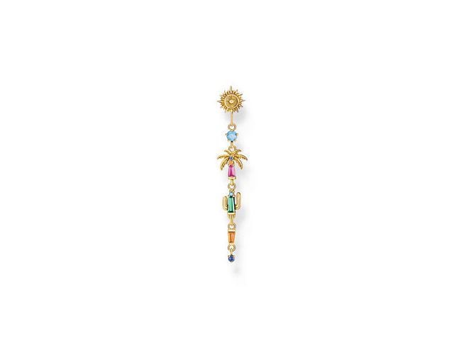 Ein auffälliger Einzelohrring von Thomas Sabo mit einem sonnigen Design, kombiniert mit bunten Glas- und Keramiksteinen sowie vergoldetem Silber, ideal für Festival Vibes.