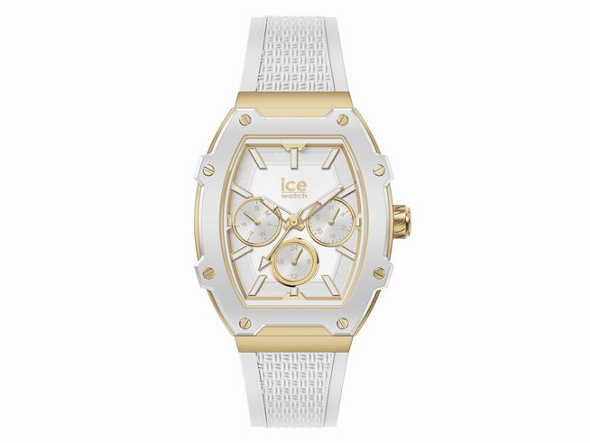 50441395-0 Die Ice Watch Uhr 022871 - ICE boliday White Gold - Small zeigt ein elegantes Gehäuse in gold und weiß mit einem strukturierten weißen Armband und einem klaren Zifferblatt mit drei Zeigern.
