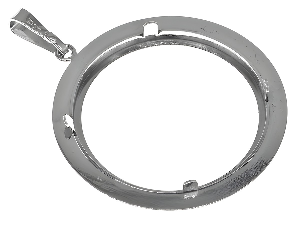 Münzfassung Anhänger aus echtem Silber mit rhodinierter Oberfläche und Diamantschliff, Durchmesser 27,3 mm, für Münzen bis 3,0 cm, Hersteller Juwelier Harnisch. – Ansicht 2