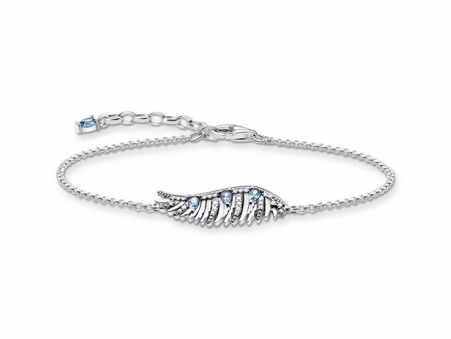 Ein elegantes Armband aus geschwärztem Sterling Silber von Thomas Sabo, verziert mit funkelndem syn. Spinell und Zirkonia in Form eines Phönix Flügels.