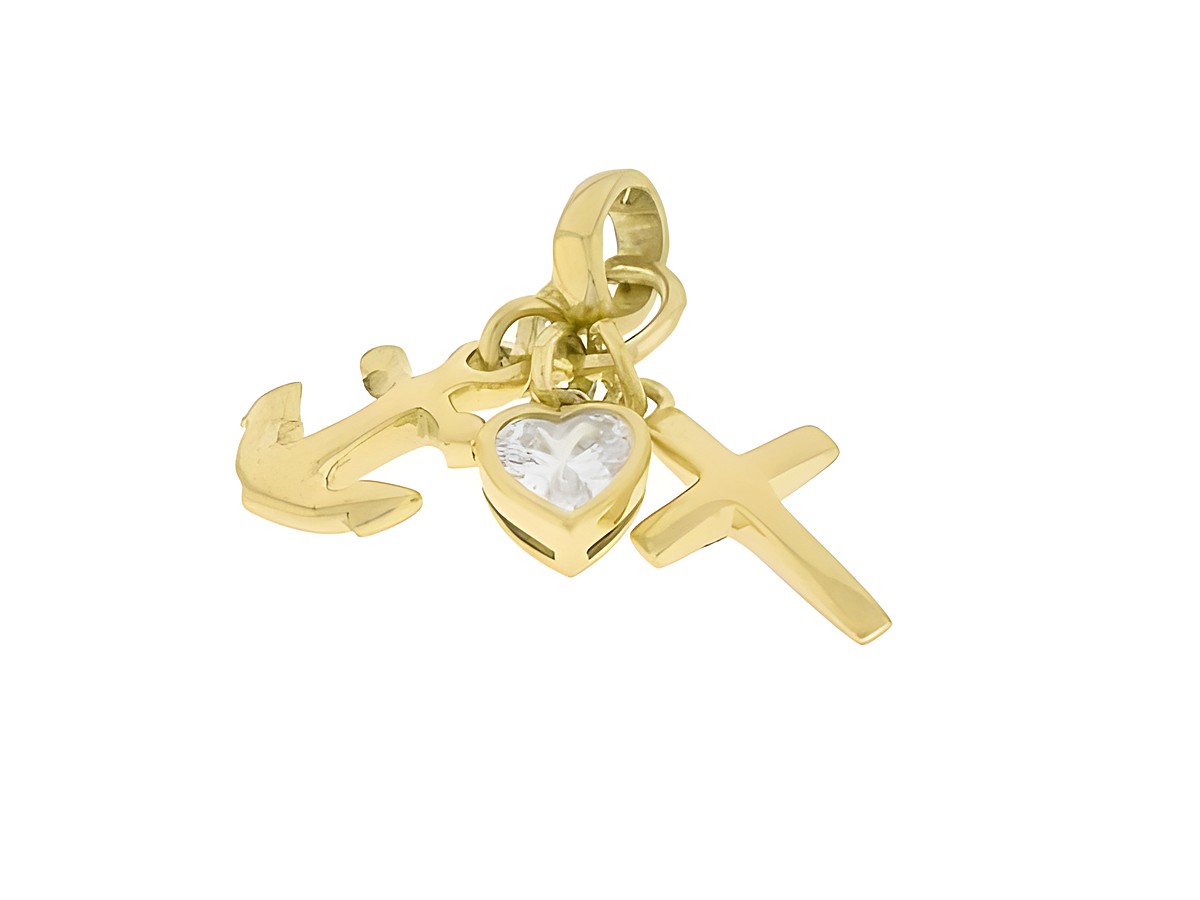 Silber Anhänger Glaube Liebe Hoffnung vergoldet mit Zirkonia, der Hersteller ist Juwelier Harnisch, symbolisiert die Werte Glaube, Liebe und Hoffnung.