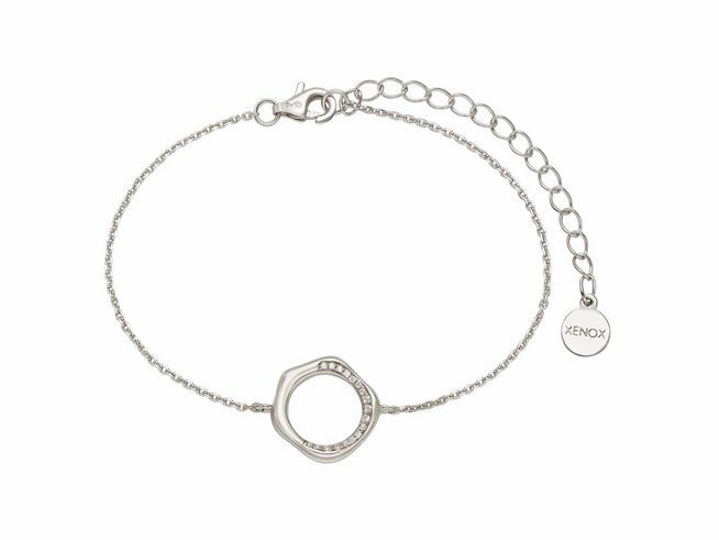 Xenox Sterling Silber Armband XS2215 mit Kareekette und einem modernen, kreisförmigen Anhänger, verziert mit kleinen Steinen, in einer Länge von 15 bis 20 cm.