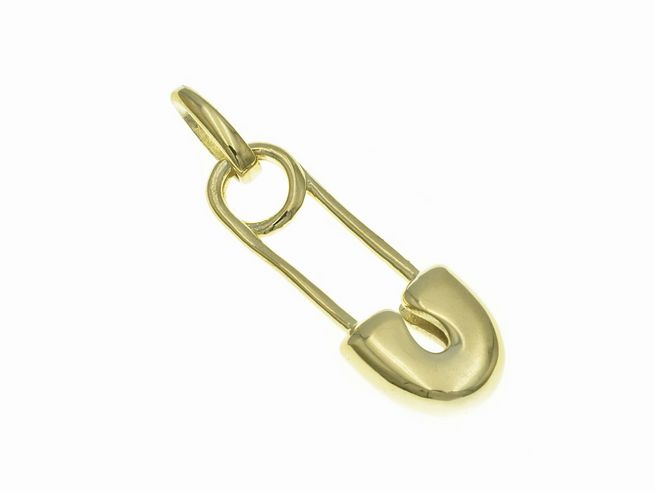 Anhänger aus poliertem Sterling Silber in Form einer Sicherheitsnadel, vergoldet in Gelbgold, Hersteller Juwelier Harnisch, ideal für diverse Schmuckkreationen.