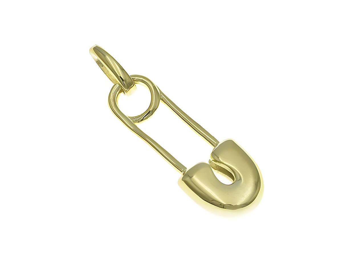 Anhänger aus poliertem Sterling Silber in Form einer Sicherheitsnadel, vergoldet in Gelbgold, Hersteller Juwelier Harnisch, ideal für diverse Schmuckkreationen.