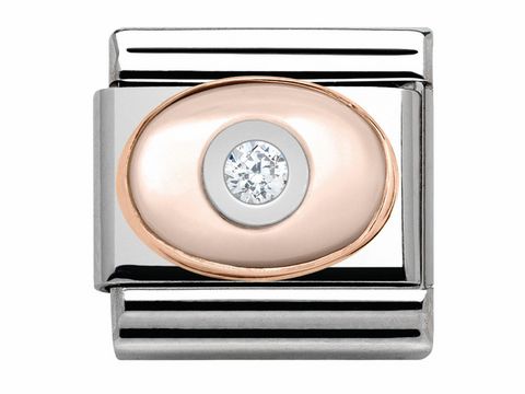 Classic Roségold Charm aus Rosa Perlmutt mit einem weißen Zirkon in der Mitte, umgeben von einem eleganten silbernen Rahmen, ideal für individuelle Schmuckdesigns.