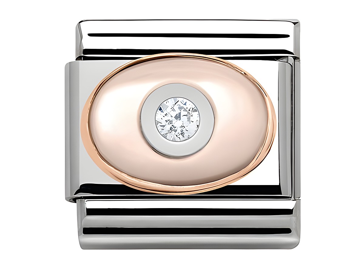 Classic Roségold Charm aus Rosa Perlmutt mit einem weißen Zirkon in der Mitte, umgeben von einem eleganten silbernen Rahmen, ideal für individuelle Schmuckdesigns.