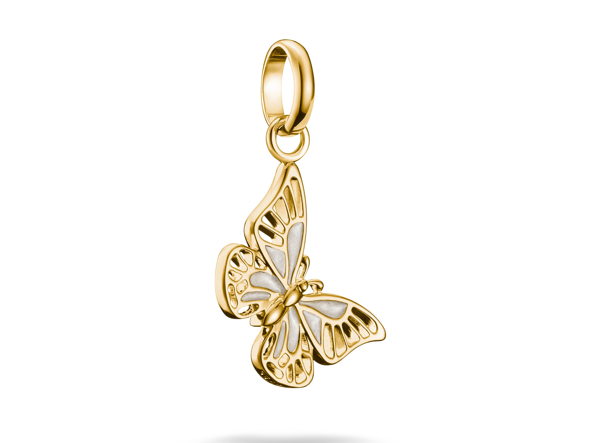 Charm von Thomas Sabo in Form eines Schmetterlings, gefertigt aus Silber und mit Gelbgold Vergoldung. Die feinen Details und das edle Design machen ihn zu einem besonderen Accessoire.