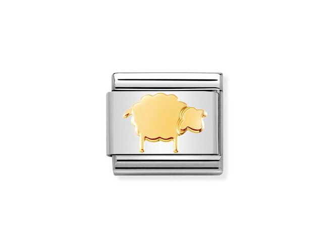 Edelstahl Charm von Nomination mit einem goldenen Schaf als Design, kombiniert mit silbernen und goldenen Elementen, ideal als modisches Accessoire für Tierliebhaber.