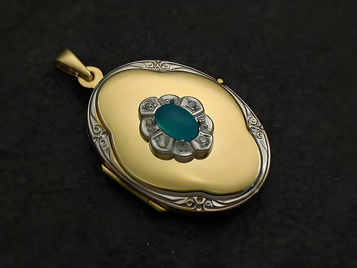 Achat hellblau Medaillon Cabochon in Gold 585 bicolor mit Brillanten, gefertigt von Juwelier Harnisch, Gelbgold 585, elegant und kunstvoll gestaltet.