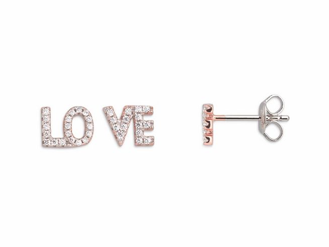 Xenox Sterling Silber Ohrringe XS3745R - EAR CANDIES - Roségold vergoldet mit dem Schriftzug LOVE in funkelnden Zirkonia-Steinen, eleganter Ohrschmuck für besondere Anlässe.