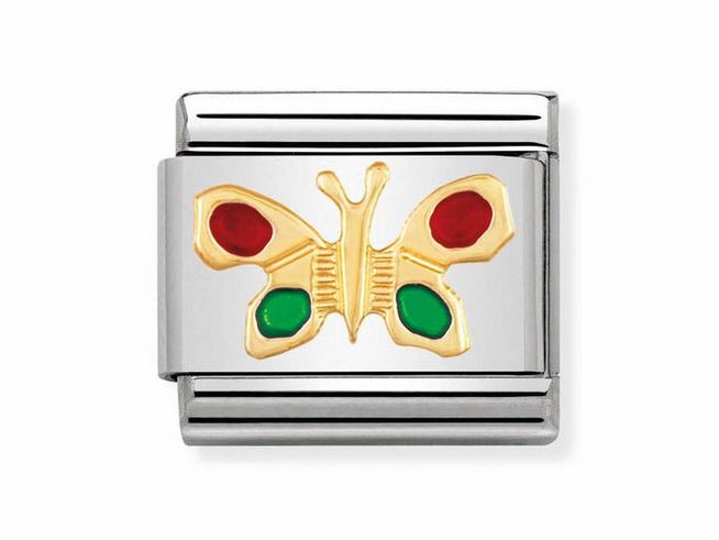 Classic emaillierter Schmetterling von Nomination in Silber mit roter und grüner Emaillierung, detailreiche Darstellung eines Schmetterlings, dekorativer Blickfang für Armbänder.