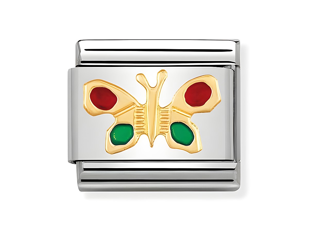 Classic emaillierter Schmetterling von Nomination in Silber mit roter und grüner Emaillierung, detailreiche Darstellung eines Schmetterlings, dekorativer Blickfang für Armbänder.