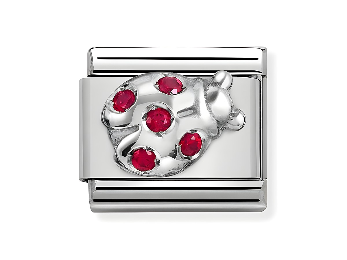 Silberner Nomination Classic Anhänger mit einem Käfer-Motiv, besetzt mit roten Zirkonia-Steinen, elegant und verspielt designt, Hersteller: Nomination, Silvershine Motive.