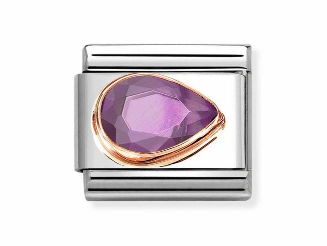 Violette Zirkonia in Tropfenform mit roségoldener Umrandung auf einem Edelstahlarmband von Nomination. Elegantes Design für stilbewusste Träger.