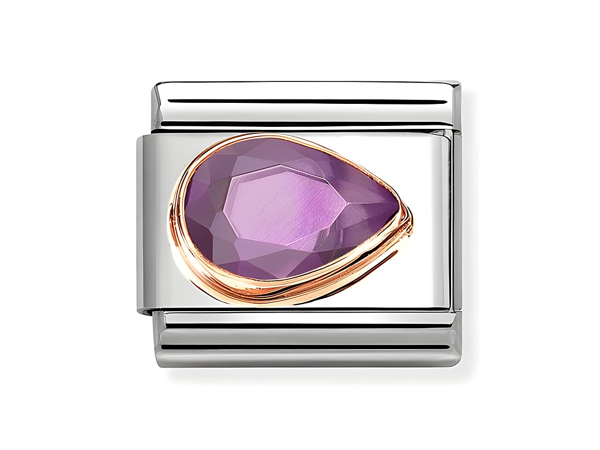 Violette Zirkonia in Tropfenform mit roségoldener Umrandung auf einem Edelstahlarmband von Nomination. Elegantes Design für stilbewusste Träger.