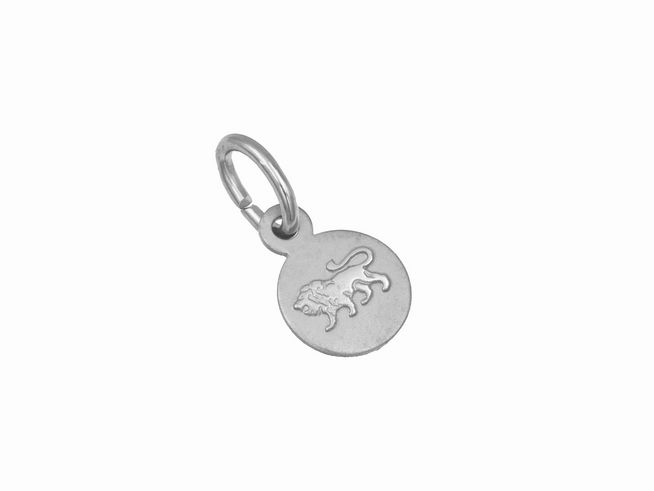 Silber Anhänger mini Sternzeichen Löwe teilmattiert rhodiniert rund mit einem stilisierten Löwenmotiv, ideal für persönliche Schmuckstücke, Hersteller Juwelier Harnisch.