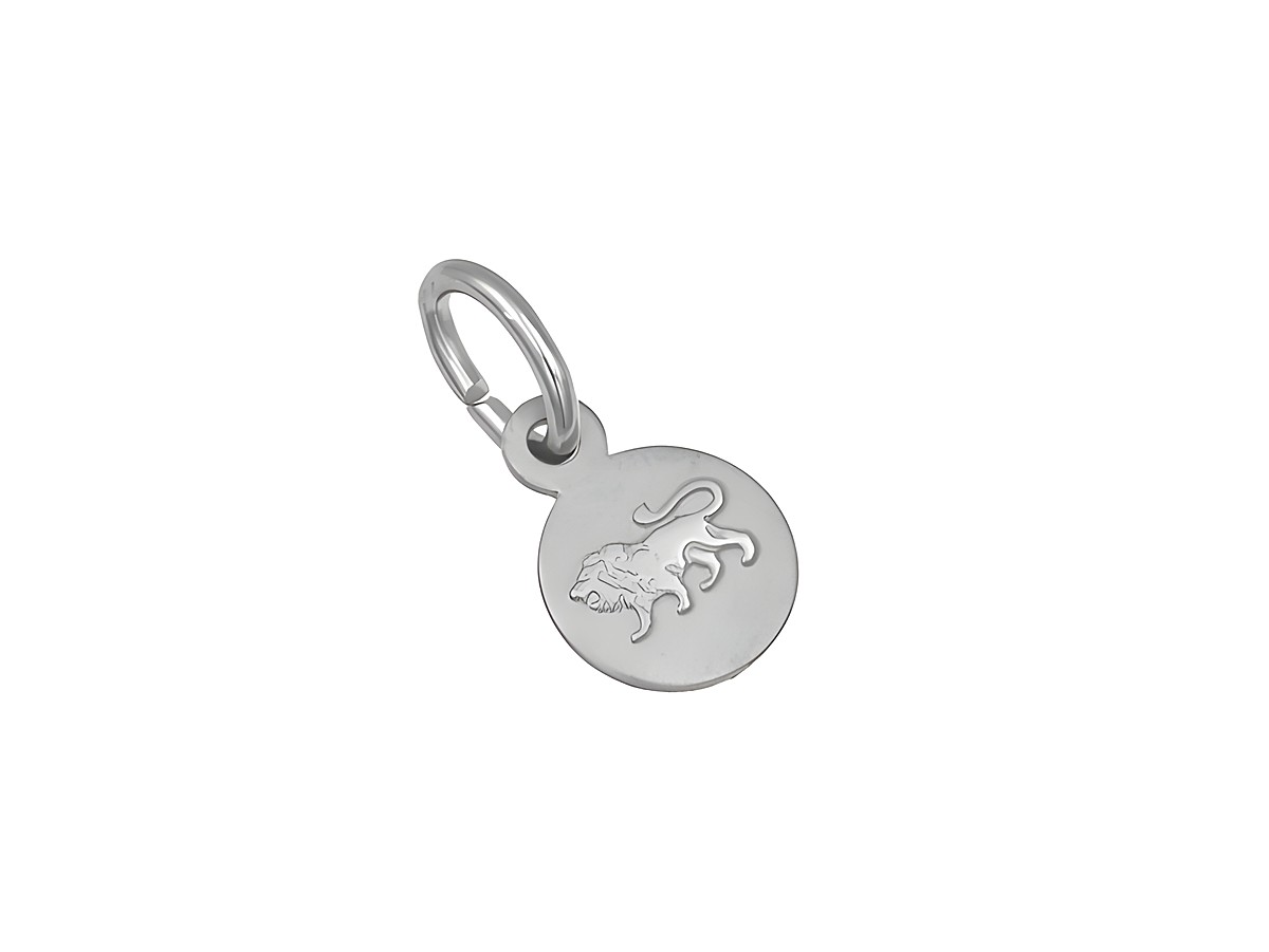 Silber Anhänger mini Sternzeichen Löwe teilmattiert rhodiniert rund mit einem stilisierten Löwenmotiv, ideal für persönliche Schmuckstücke, Hersteller Juwelier Harnisch.