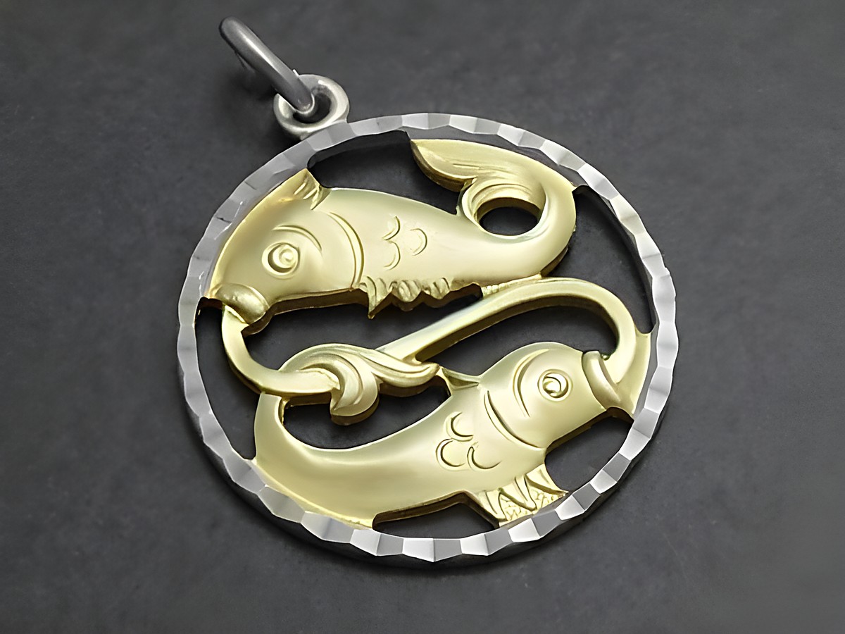 Ein hochwertiger Anhänger aus 925 Sterling Silber mit vergoldeten Fischen, die das Sternzeichen Fische symbolisieren. Hersteller ist Juwelier Harnisch.