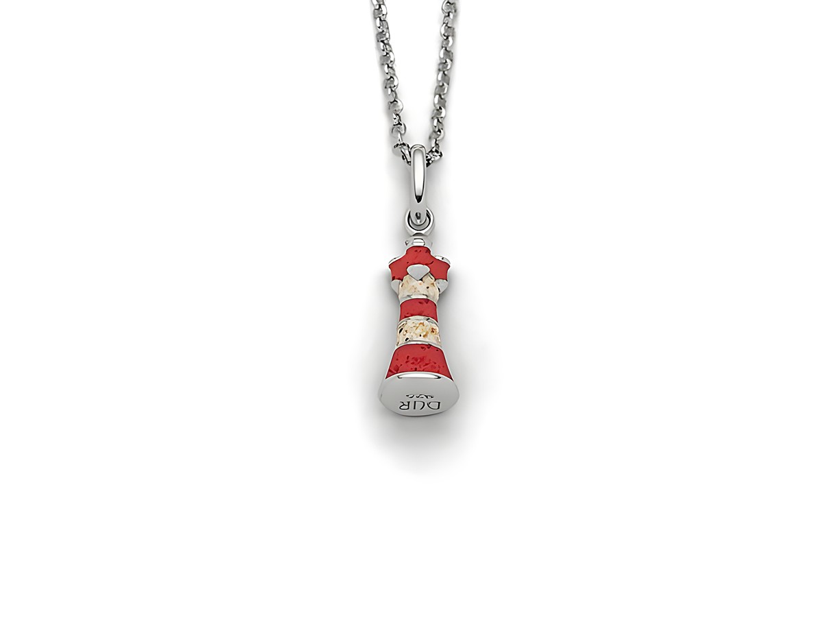 Halskette mit einem Leuchtturm-Anhänger aus Sterling Silber, gefertigt von DUR. Der Anhänger ist rot und mit Details versehen, schicke 42cm Kette. Ideal für maritime Liebhaber.