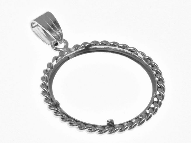 Ein Münzfassung Anhänger aus 925 Sterling Silber, rhodiniert, mit Kordel-Design, geeignet für Münzen bis 25 mm Durchmesser, hergestellt von Juwelier Harnisch.
