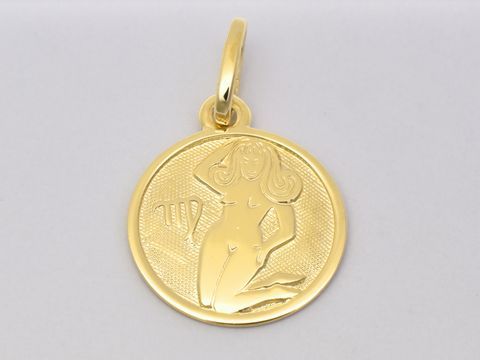 Jungfrau Gold 585 Sternzeichen Anhänger, poliert, 14 mm, zeigt eine stilisierte Darstellung der Jungfrau mit fein strukturiertem Hintergrund, ideal für Astrologie-Liebhaber.
