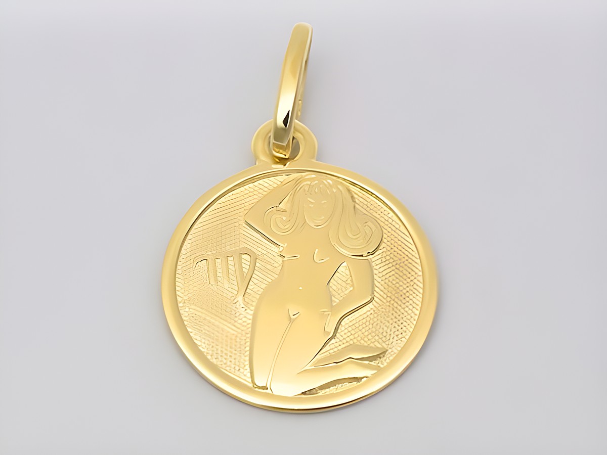 Jungfrau Gold 585 Sternzeichen Anhänger, poliert, 14 mm, zeigt eine stilisierte Darstellung der Jungfrau mit fein strukturiertem Hintergrund, ideal für Astrologie-Liebhaber.