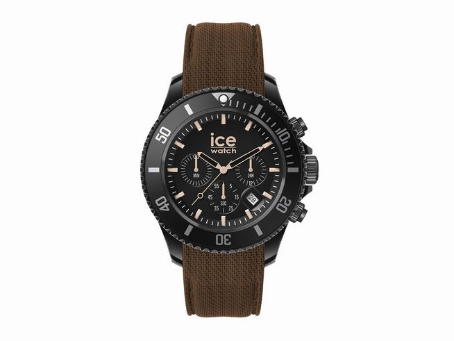 Schwarze Ice Watch ICE chrono mit braunem Textilarmband und chronographischen Funktionen, große Größe, Modellnummer 020625, stilvolles und sportliches Design.