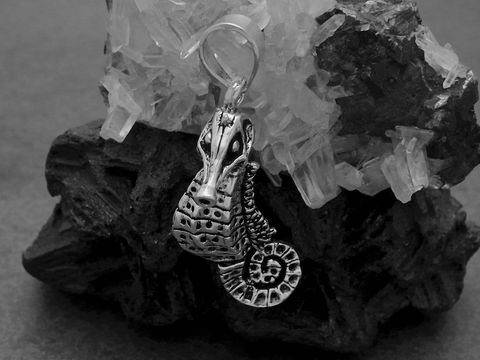 Seepferdchen Anhänger aus Sterling Silber mit beweglichem Kopf und Schwanz, gefertigt von Juwelier Harnisch, ein schöner Glücksbringer, vor einem schwarzen Naturstein platziert.
