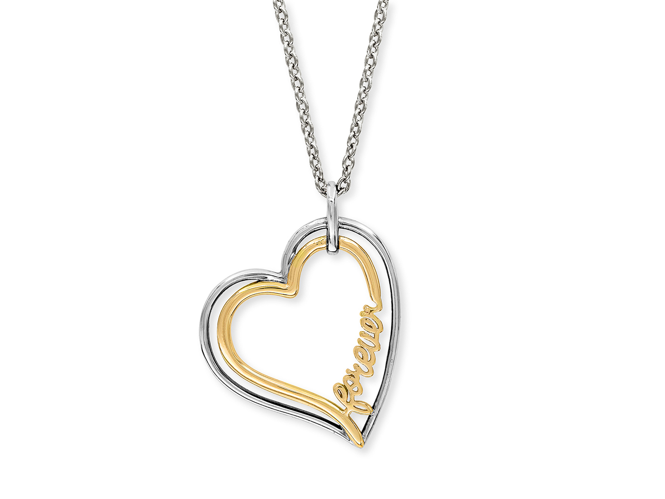 Kette aus Bicolor Silber mit vergoldetem Herzanhänger, eingraviert mit dem Wort forever, elegant und zeitlos, perfekt als Geschenk oder für den persönlichen Stil, 42 cm lang.