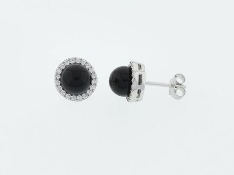 Silber Ohrringe rund aus edlem Silber mit Onyx und Zirkonia im Steckerdesign, Hersteller Juwelier Harnisch, stilvoll und elegant für jeden Anlass.