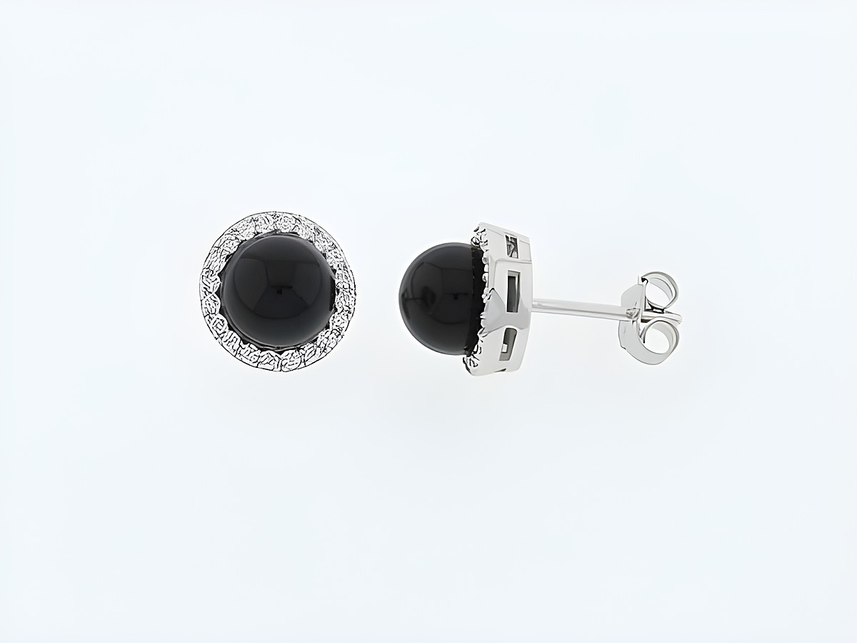 Silber Ohrringe rund aus edlem Silber mit Onyx und Zirkonia im Steckerdesign, Hersteller Juwelier Harnisch, stilvoll und elegant für jeden Anlass.