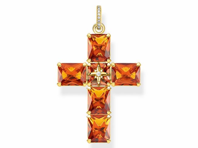 Thomas Sabo Kreuz Anhänger PE880-971-8 in vergoldetem Sterling Silber mit orangefarbener Glas-Keramik Stein und Zirkonia, dekorativ und elegant gestaltet.