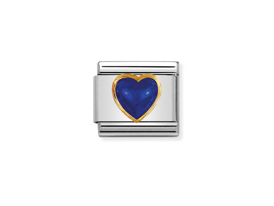 Ein elegantes Charm mit einem blauen Lapislazuli Herz, umrahmt von einer goldenen Linie auf einem silbernen Hintergrund, ideal für die Kreation eines persönlichen Armbands.