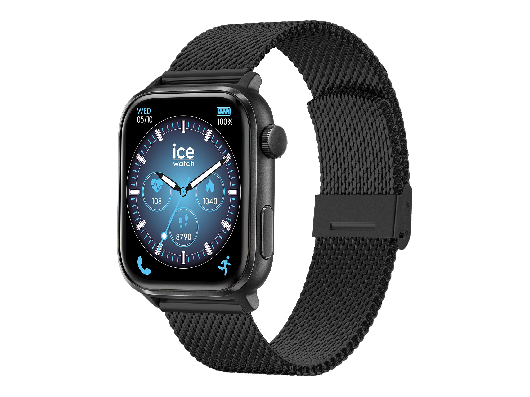 Die Ice Watch 024300 ICE smart 3.0 Smartwatch in Schwarz mit einem 1,78 Zoll Display zeigt verschiedene Fitnessdaten und hat ein elegantes, modernes Design mit einem schwarzen Mesh-Armband.