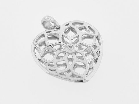 Herz Silber Anhänger mit Lotosblumenmuster, rhodiniert und mit Zirkonia-Steinen, hergestellt von Juwelier Harnisch, Perlen & Steine.