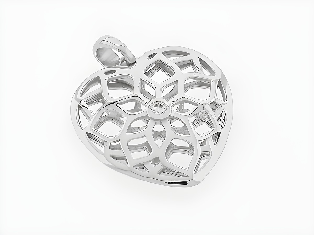Herz Silber Anhänger mit Lotosblumenmuster, rhodiniert und mit Zirkonia-Steinen, hergestellt von Juwelier Harnisch, Perlen & Steine.