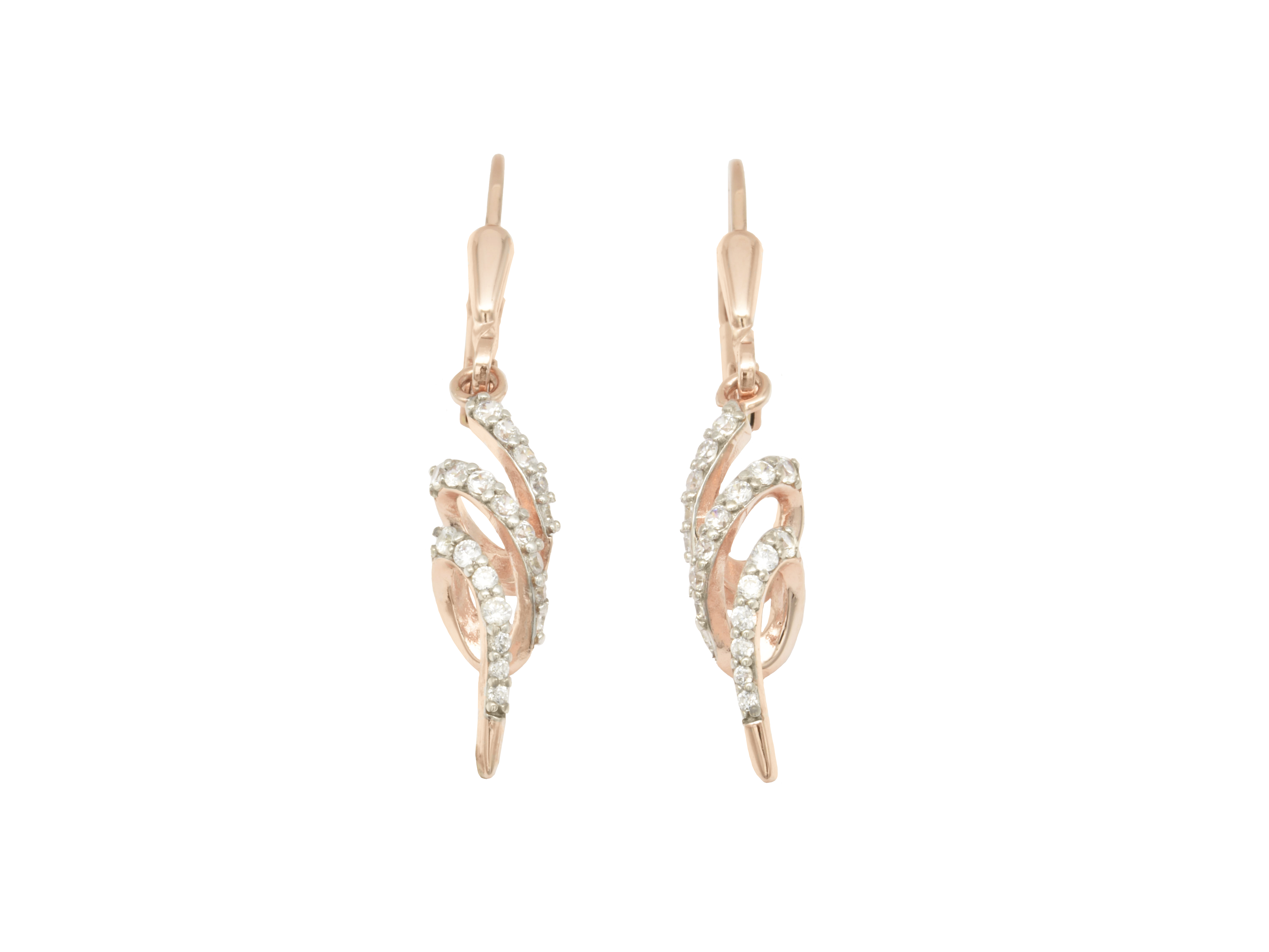 Ohrhänger verschlungen grazil aus Sterlingsilber 925, vergoldet in Roségold, poliert mit funkelnden Zirkonia, ideal für elegante Anlässe, Hersteller Juwelier Harnisch.