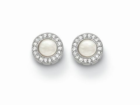 Ohrstecker aus 925 Sterling Silber mit einem zentralen Perlmutt und Zirkonia in weiß, runde Form mit funkelndem Rahmen, elegant und zeitlos, Hersteller Thomas Sabo.