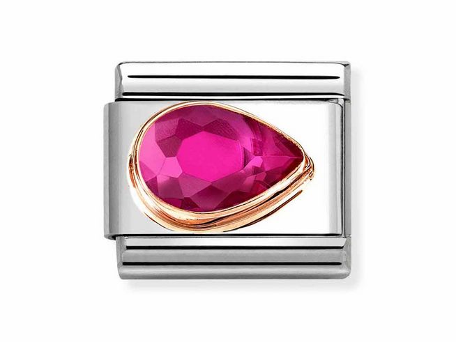 Ein elegantes Charm aus Edelstahl mit einem tropfenförmigen, pinken Zirkonia, umrandet von roségoldener Veredelung, perfektes Accessoire für stilvolle Armbänder.