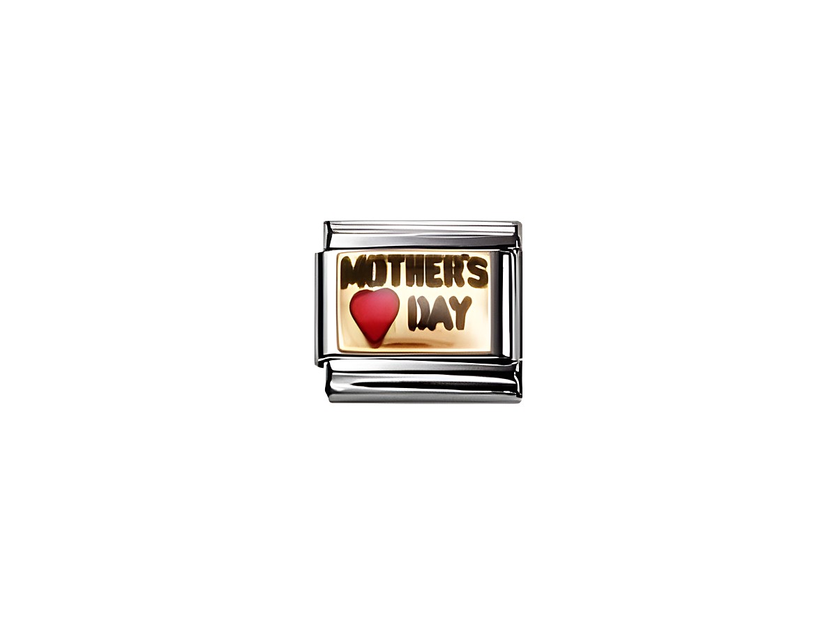 Ein emaillierter Charm von Nomination mit der Aufschrift MOTHER'S DAY und einem roten Herz, gefertigt aus hochwertigem Edelstahl für eine emotionale und persönliche Geschenkidee.