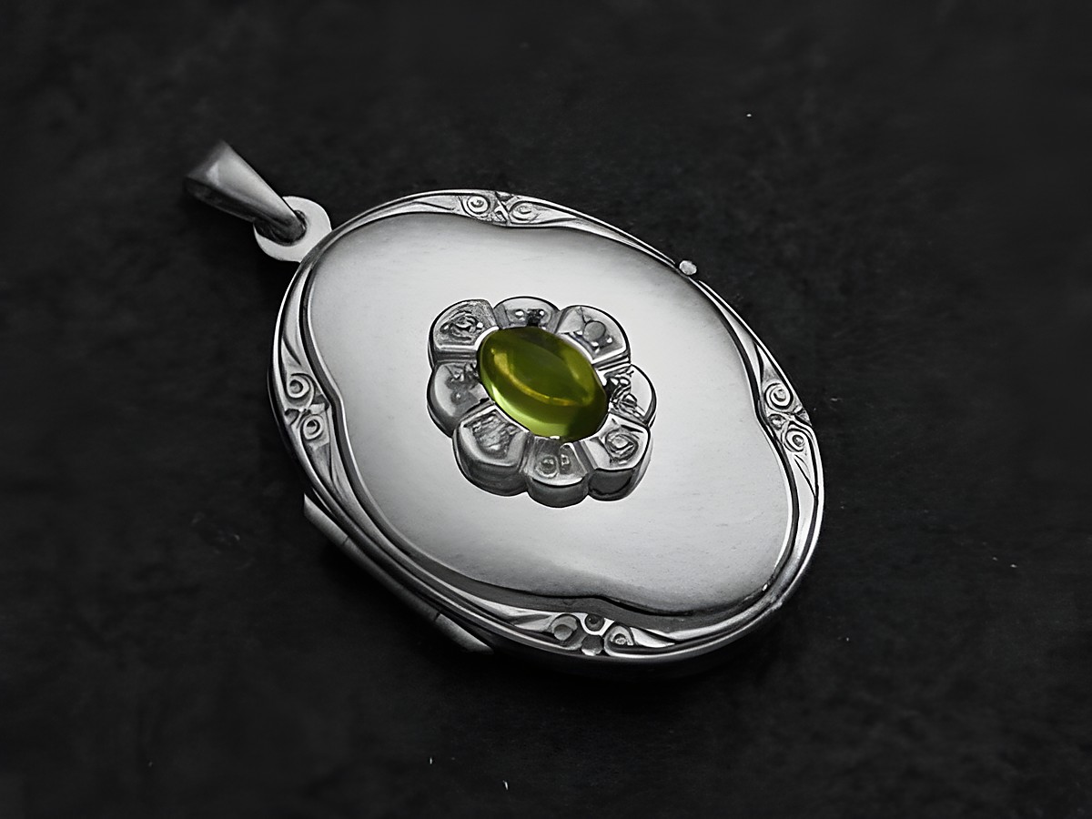 Peridot hellgrün Medaillon Cabochon in Weißgold 333 mit Brillanten, Hersteller Juwelier Harnisch, elegantes Design und feine Verarbeitung, ideal als Schmuckstück oder Geschenk.