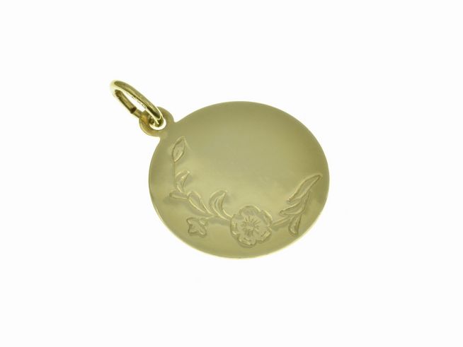 Gravurplatte mit Blumenmuster am Rand aus Gold 585, Durchmesser 21 x 18 mm, hergestellt von Juwelier Harnisch, ideal für individuelle Gravuren.