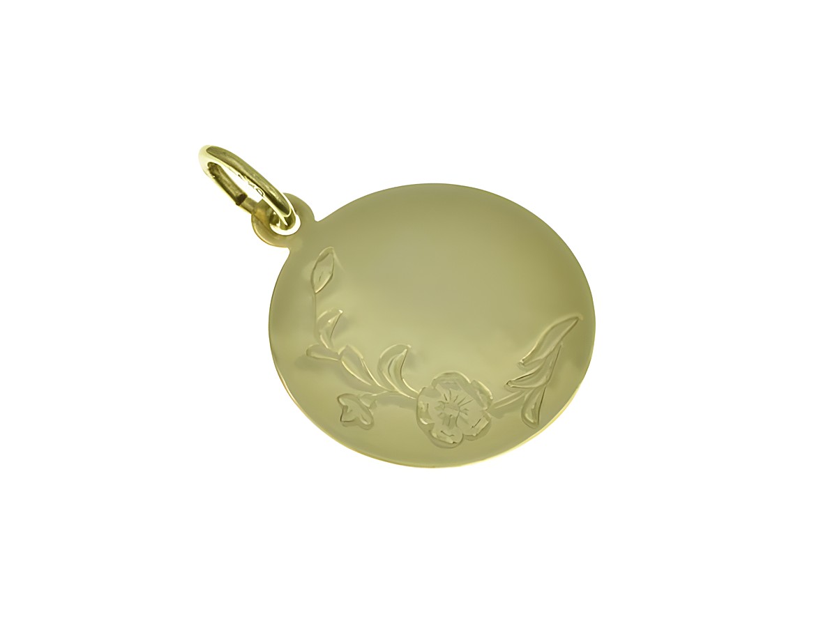Gravurplatte mit Blumenmuster am Rand aus Gold 585, Durchmesser 21 x 18 mm, hergestellt von Juwelier Harnisch, ideal für individuelle Gravuren.