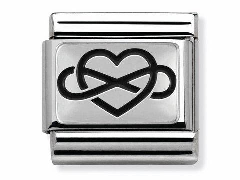 433010205-0 Edelstahl Charm von Nomination im Design unendliches Herz, kombiniert mit einem klassisch eleganten Stil, ideal für Armbänder und hochwertige Schmuckkollektionen.